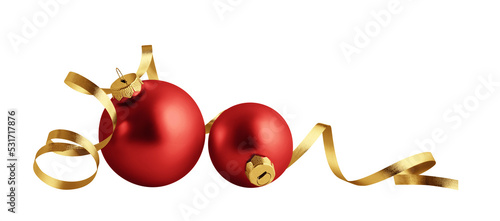 Christmas ornaments isolated on white background. Two red christmas balls with gold ribbon