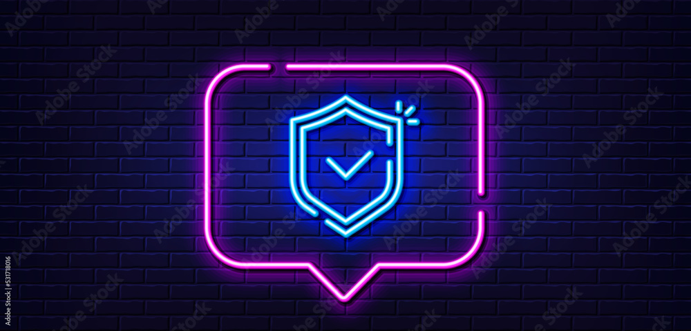 Neon light speech bubble. Shield line icon. Privacy secure sign. Safe defense symbol. Neon light background. Shield glow line. Brick wall banner. Vector Neon light speech bubble. Shield line icon. Privacy secure sign. Safe defense symbol. Neon light background. Shield glow line. Brick wall banner. Vector