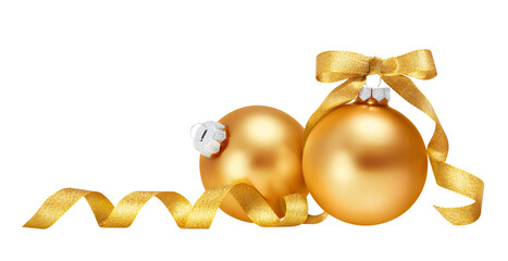 Christmas balls isolated on white background. Two gold christmas ornaments with ribbon