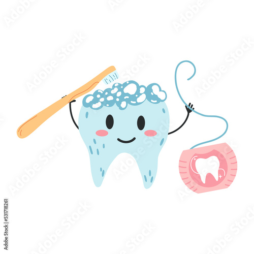 Hand drawn kawaii tooth character with toothbrush and floss in cartoon flat style. Vector illustration of teeth cleaning process, dental care concept, oral hygiene