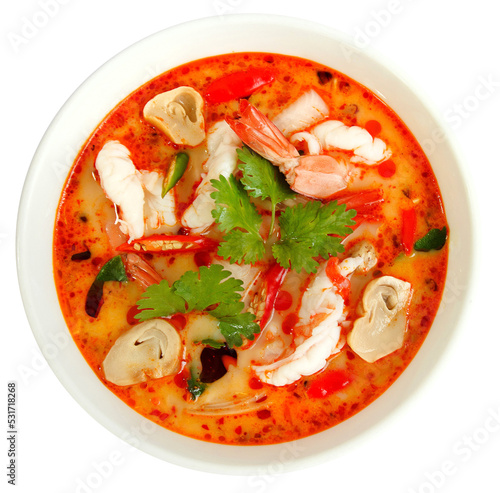 Tom Yum Goong, Thai hot and spicy soup, Thai food, on white background.