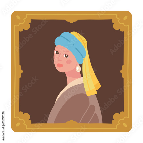 Flat hand drawn style interpretation of Girl with a pearl earring by Vermeer. Stylized Fine Art. Canvas in golden museum frame. Vector illustration