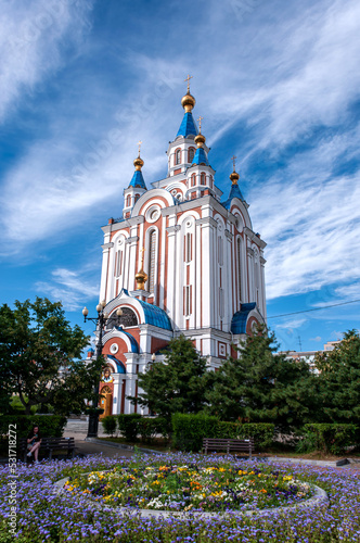 Khabarovsk, Russia, July 10, 2022: Khabarovsk Cathedral of the Assumption of the Blessed Virgin Mary on Komsomolskaya Square in Khabarovsk in summer photo