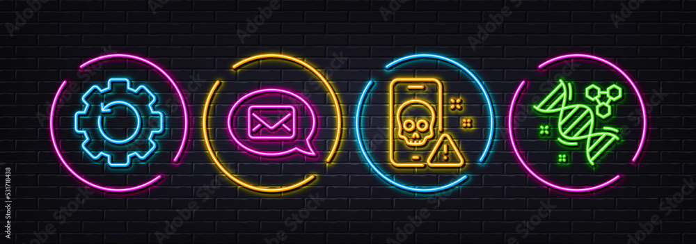 Messenger, Recovery gear and Cyber attack minimal line icons. Neon laser 3d lights. Chemistry dna icons. For web, application, printing. New message, Backup info, Phone virus. Chemical formula. Vector Messenger, Recovery gear and Cyber attack minimal line icons. Neon laser 3d lights. Chemistry dna icons. For web, application, printing. New message, Backup info, Phone virus. Chemical formula. Vector