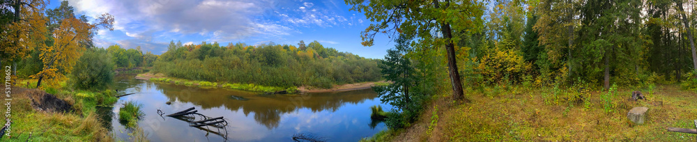 photo panorama background, view of the beautiful forest river among the forest in the reserve, Mari El, Russia