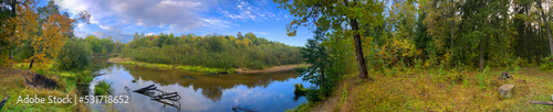 photo panorama background, view of the beautiful forest river among the forest in the reserve, Mari El, Russia
