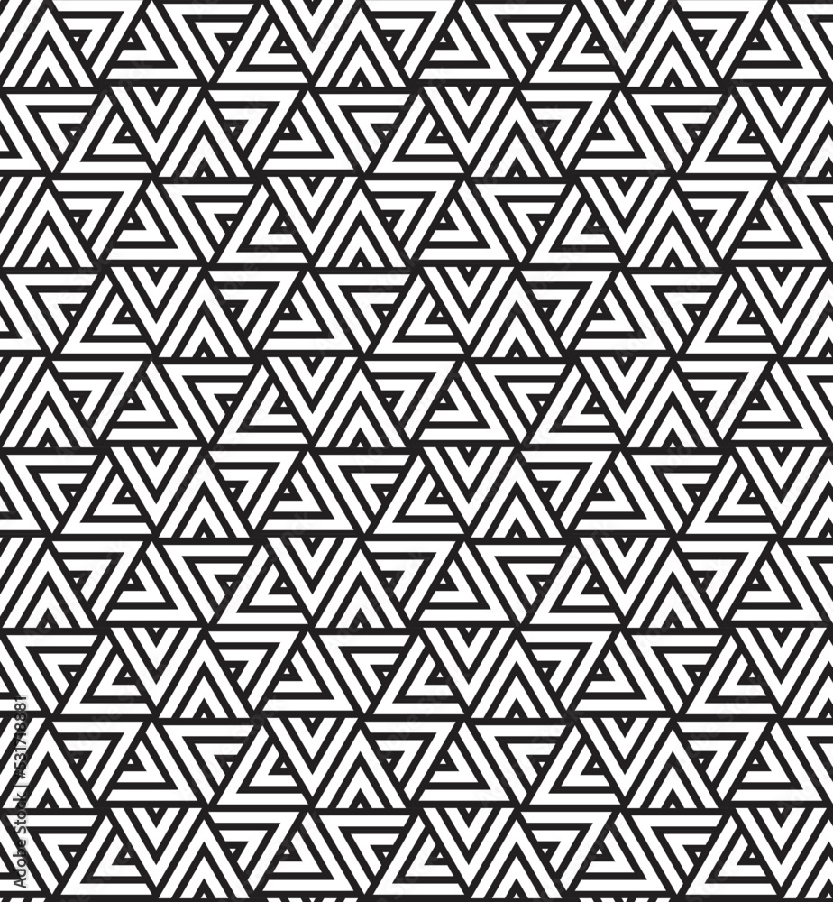 Rotation of maze triangle pattern on white background. Colorful abstract art. Black stripe triangle shape on white backdrop. Rotation of maze triangle pattern on white background. Colorful abstract art. Black stripe triangle shape on white backdrop.