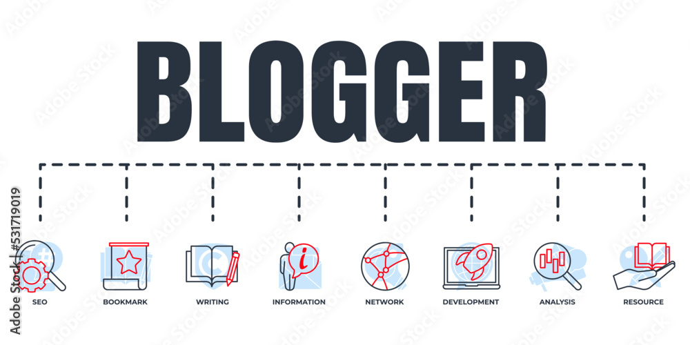 Obraz premium Blogger, blogging banner web icon set. information, bookmark, network, seo, writing, resource, development, analysis vector illustration concept.
