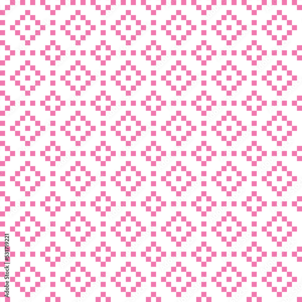 Pink cross-stitch knitting pattern on white background. Pink square dots on white backdrop. Fabric pattern design for sale. Knitting handicraft art.