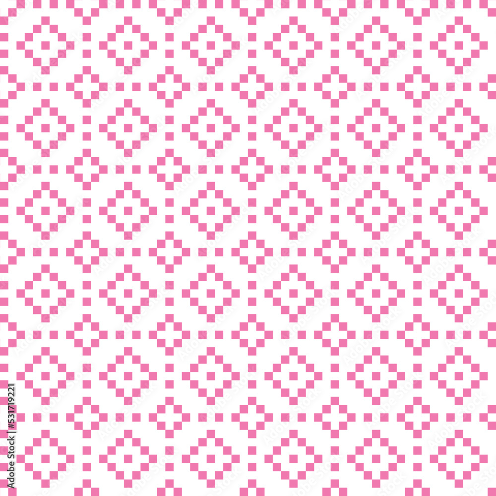 Pink cross-stitch knitting pattern on white background. Pink square dots on white backdrop. Fabric pattern design for sale. Knitting handicraft art. Pink cross-stitch knitting pattern on white background. Pink square dots on white backdrop. Fabric pattern design for sale. Knitting handicraft art.