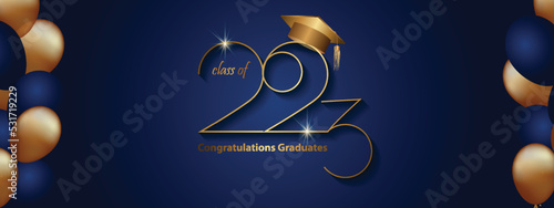 Congratulations on your graduation from school. Class of 2023. Graduation cap, confetti and balloons. Congratulatory banner. Academy of Education School of Learning