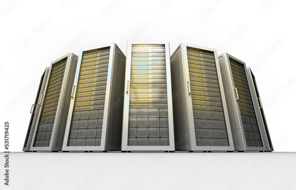 Image of a group of tall, grey and yellow computer server towers - obrazy, fototapety, plakaty 