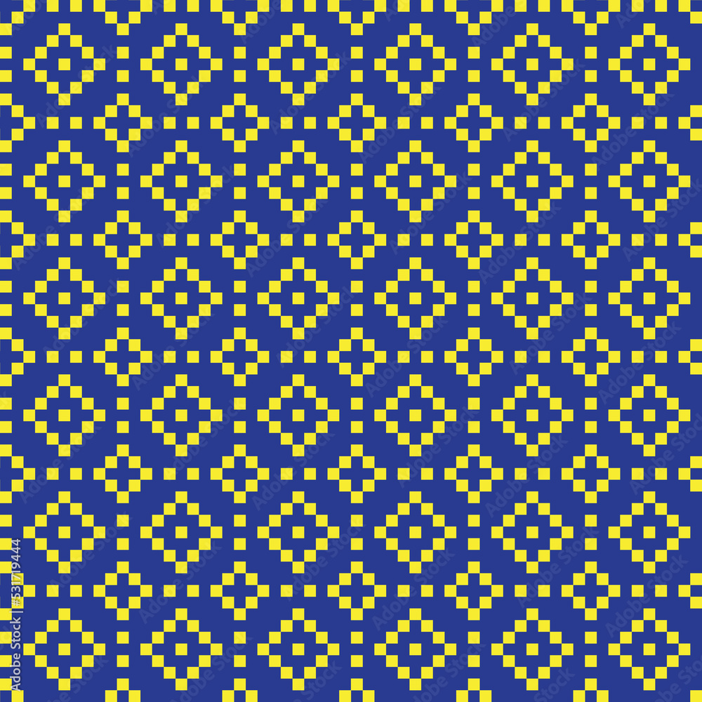 Yellow and blue cross-stitch knitting pattern on white background. Yellow and blue square dots on white backdrop. Fabric pattern design for sale. Knitting handicraft art. Yellow and blue cross-stitch knitting pattern on white background. Yellow and blue square dots on white backdrop. Fabric pattern design for sale. Knitting handicraft art.