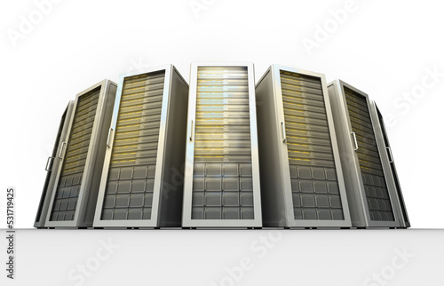 Image of a group of tall, grey and yellow computer server towers