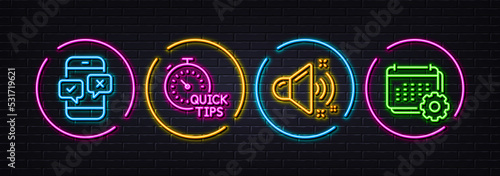 Quick tips, Phone survey and Loud sound minimal line icons. Neon laser 3d lights. Calendar icons. For web, application, printing. Helpful tricks, Mobile quiz test, Music. Schedule planner. Vector