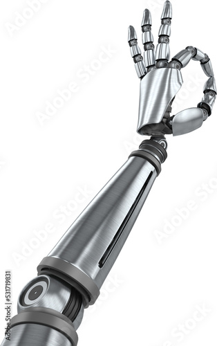Image of shiny metal robot arm making ok sign with hand