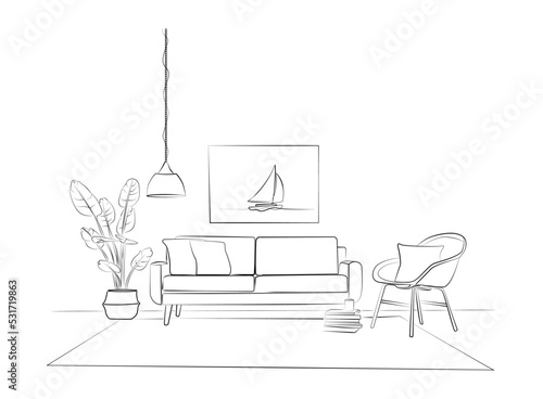 Interior design with modern living room in black sketch line on white background, vector, illustration