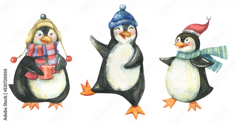Fototapeta premium Cute penguins in hats and scarves hand drawn watercolor christmas character set. New Year, Christmas bright watercolor snowmen isolated on white background.