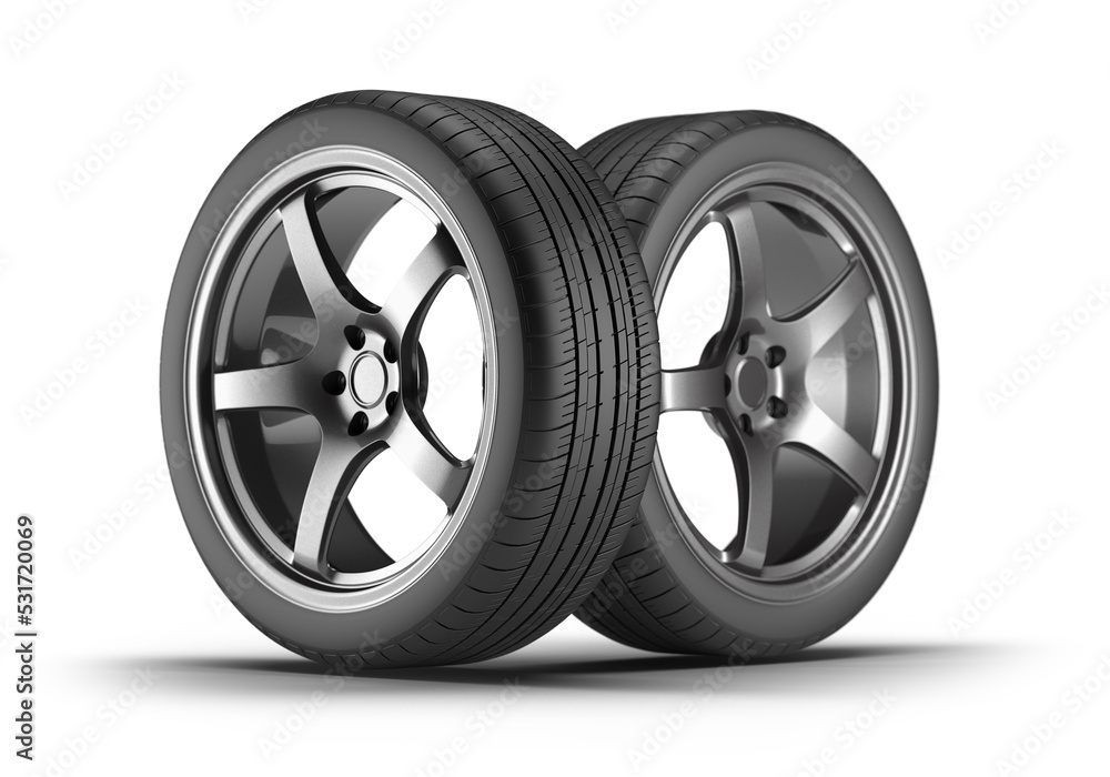car tires and wheels isolated on a white background. 3d rendering