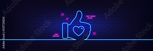 Neon light glow effect. Like hand line icon. Thumbs up finger sign. Brand ambassador gesture symbol. 3d line neon glow icon. Brick wall banner. Like hand outline. Vector