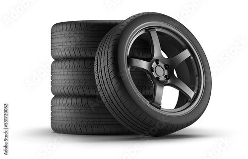 set of car tires and wheels isolated on a white background. 3d rendering