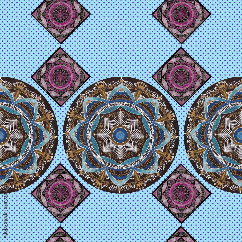 Circle detail of a mosaic mandala on speckled seamless background.