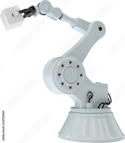 Vertical image of industrial robot arm holding cube