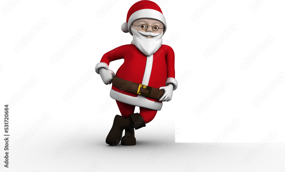 Image of smiling father christmas standing and leaning in traditional red and white santa outfit Image of smiling father christmas standing and leaning in traditional red and white santa outfit