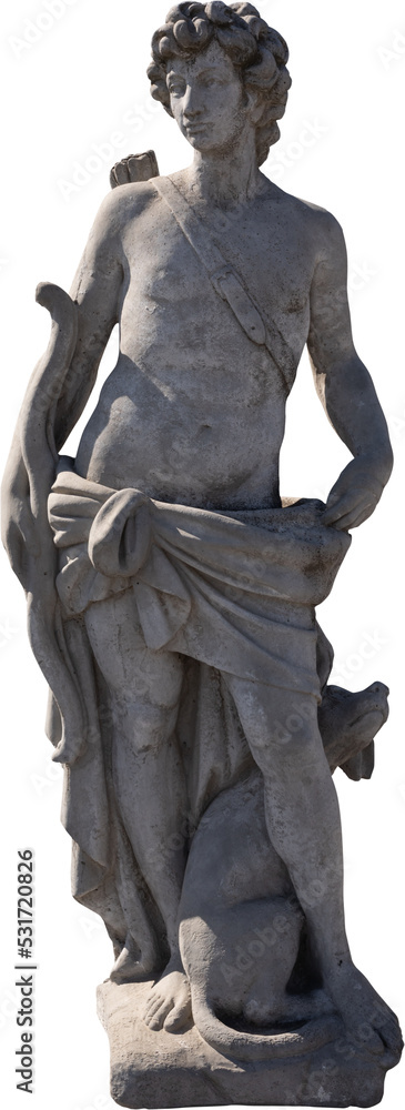Naklejka premium Image of grey stone weathered ancient sculpture of half naked male hunter