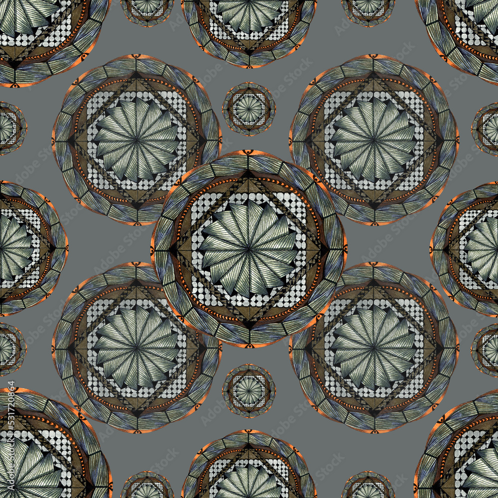 Set of the mandalas on gray background. Seamless pattern for decor. 