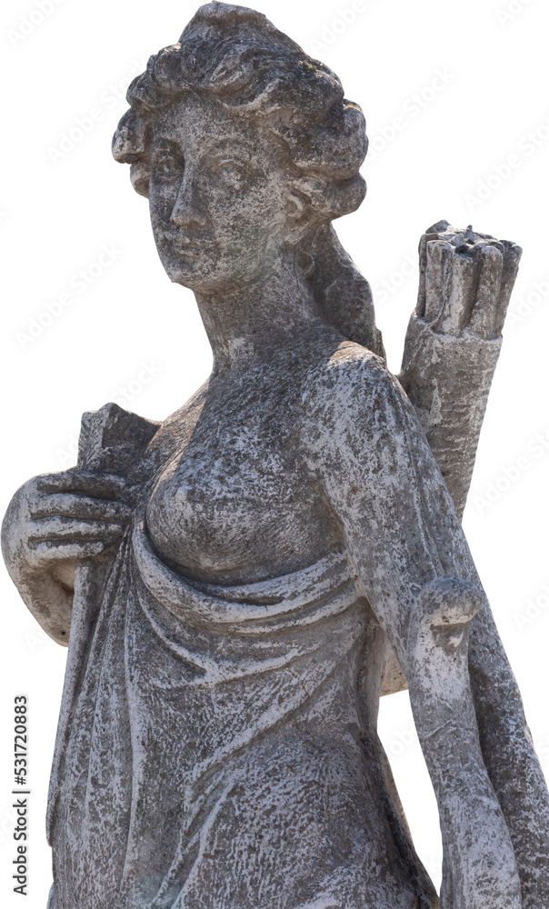Fototapeta premium Image of grey stone weathered ancient sculpture of half naked female hunter