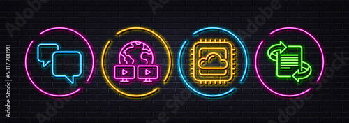 Video conference, Cloud computing and Speech bubble minimal line icons. Neon laser 3d lights. Marketing icons. For web, application, printing. Vector