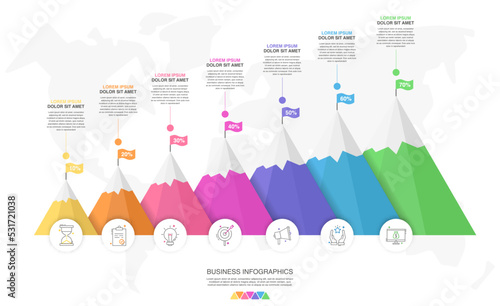 Vector timeline infographic template. Modern mountains graph with 7 steps, circles, achievement, mission business options. Geometric concept for web, app, project, chart, banner, presentations, report