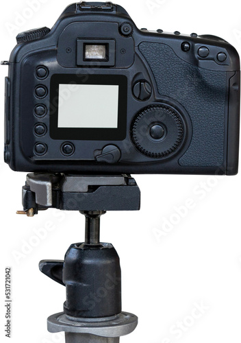 Image of camera with digital viewer with copy space on tripod