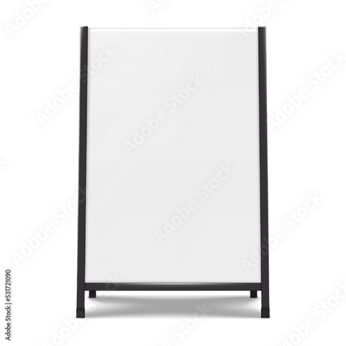 Sandwich white board with black frame front view realistic vector mock-up. Blank A-frame advertising display mockup. Outdoor sidewalk sign template for design