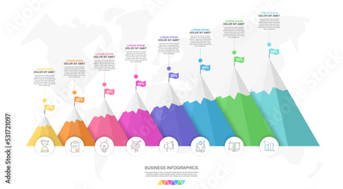 Vector timeline infographic template. Modern mountains graph with 8 steps, circles, achievement, mission business options. Geometric concept for web, app, project, chart, banner, presentations, report