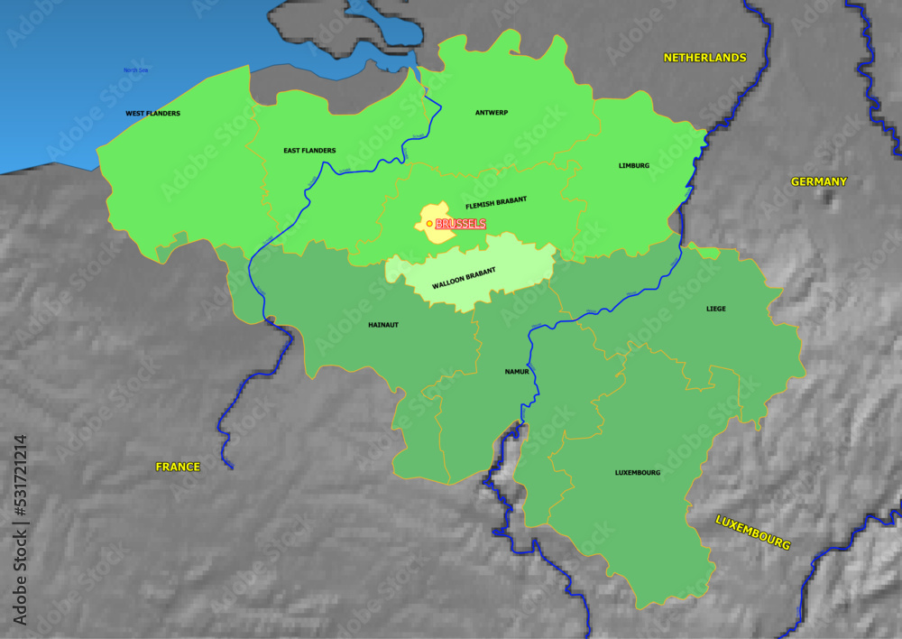 Obraz premium Administrative and political colored vector Map of Belgium with colourful regions and Capital and neighboring Countries