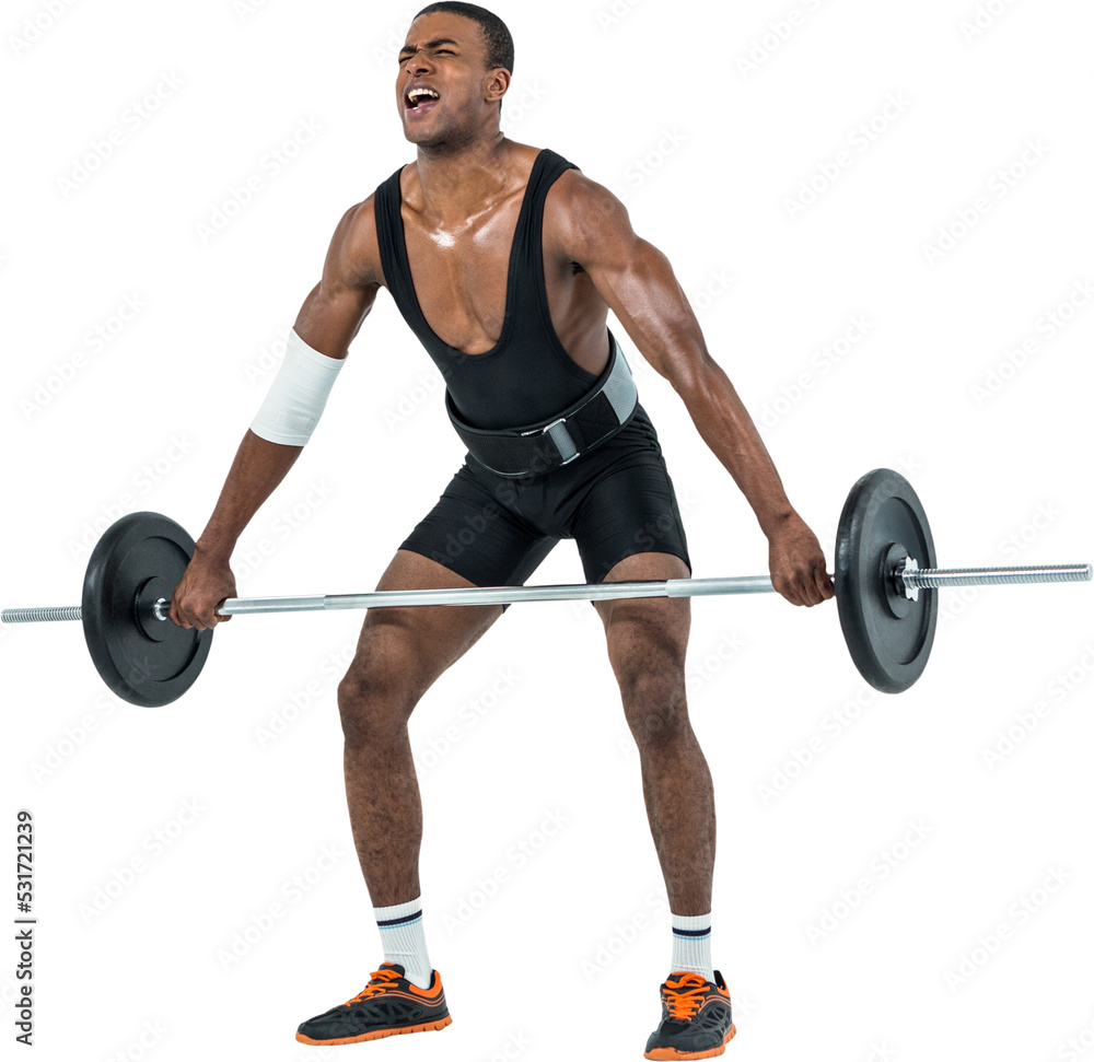 Image of strong sweaty biracial man in black outfit lifting weights