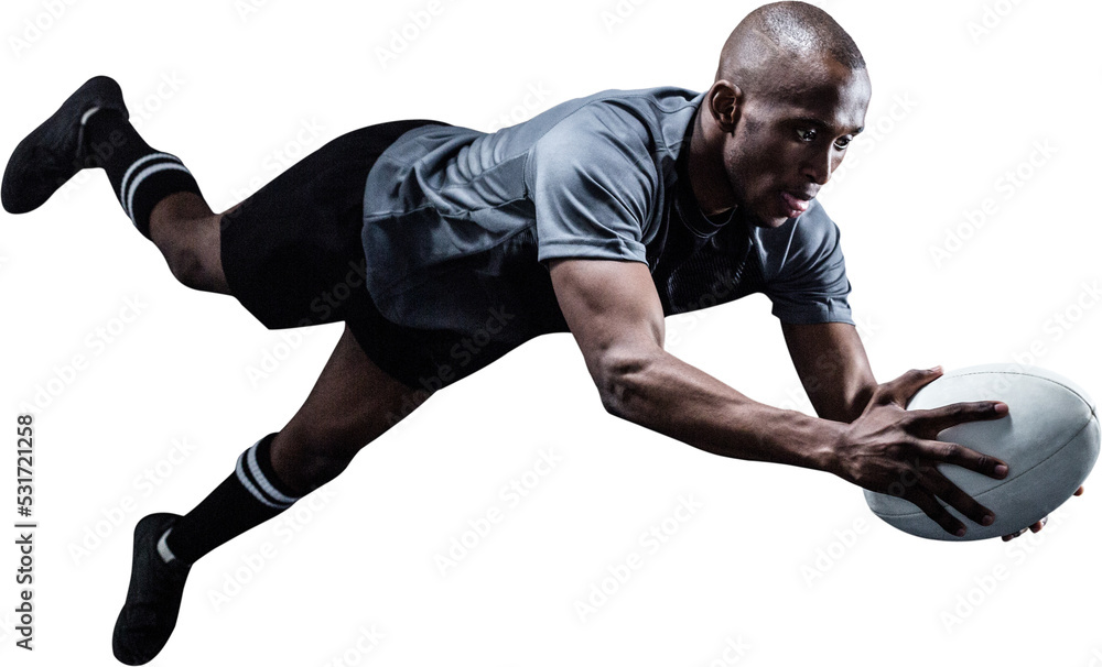 Image of male african american rugby player in air holding ball Image of male african american rugby player in air holding ball