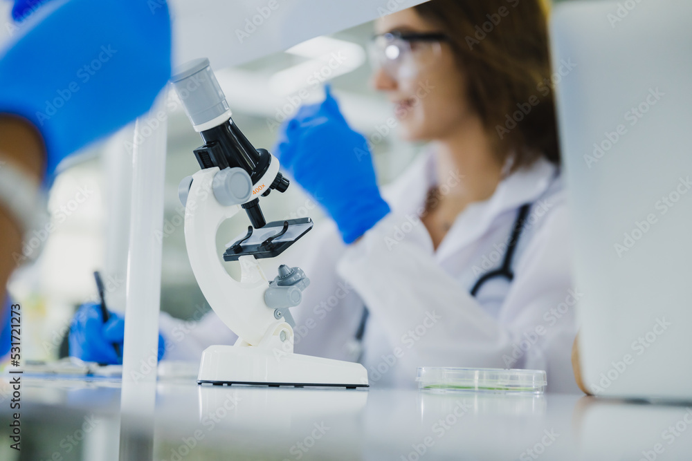 Fototapeta premium science technology chemist developing concept, female researcher, medical scientist or doctor or student is looking in a microscope in Modern Laboratory 
