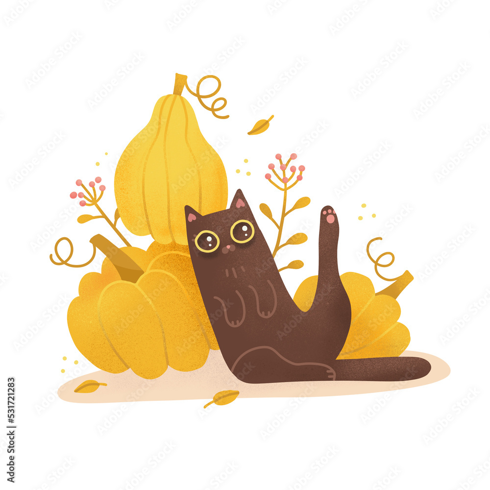Fototapeta premium Cartoon black cat sitting with pumpkins. Funny kitty with big yellow eyes sits near a big pumpkin. isolayed concept with autumn leaves and leaf fall. Flat raster textured hand drawn png illustration.