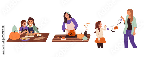 People preparing for celebration of Halloween. Female characters carve pumpkins, decorate house, cook festive food. Happy family - mother and daughter together. Set of flat vector illustrations