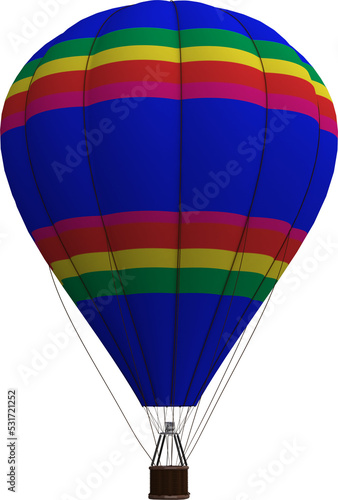 Image of hot air balloon in rainbow colours with brown basket