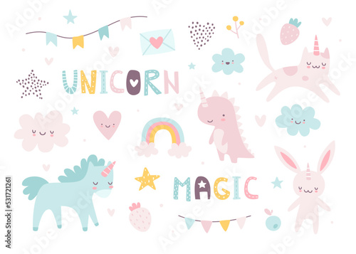 Cute unicorn baby animals set. Girly unicorns vector collection. Kawaii animals set.