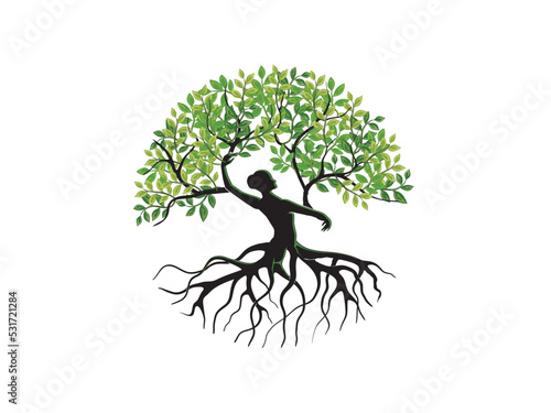 Abstract Human tree logo with circular shape. Unique dryad Tree Vector illustration, hand drawn abstract tree with woman shape. 