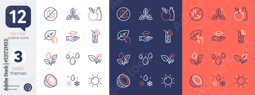 Set of Insomnia, Organic tested and Plants watering line icons. Include Fair trade, Coconut, Apple icons. Sun energy, Leaves, Rainy weather web elements. Water glass, Weather, Leaf. Stop sleep. Vector