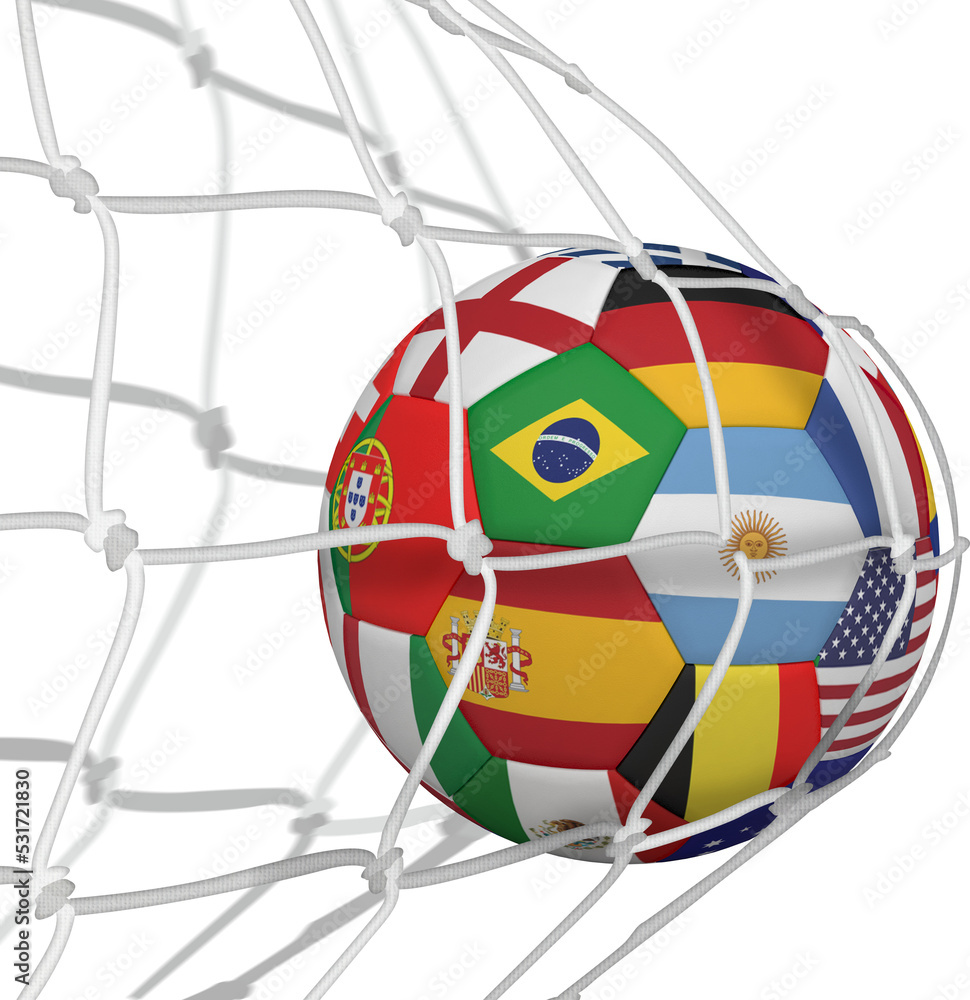 Image of football with national flags hitting net of goal Stock Photo ...