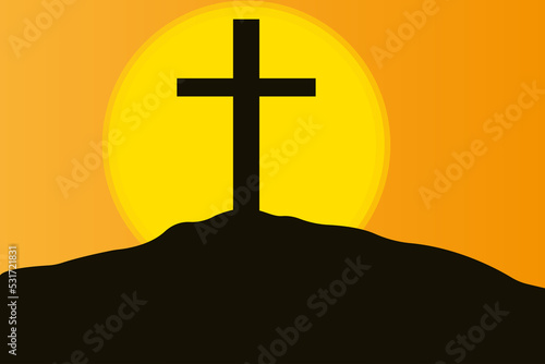 Cross on the mountain and sunset. Vector illustration