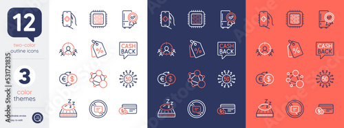 Set of Money transfer, Cpu processor and Health app line icons. Include Discount tags, Money exchange, Certified refrigerator icons. Mattress, Business targeting, Integrity web elements. Vector