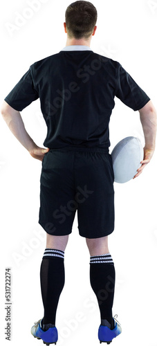 Image of back view of caucasian rugby player holding rugby ball